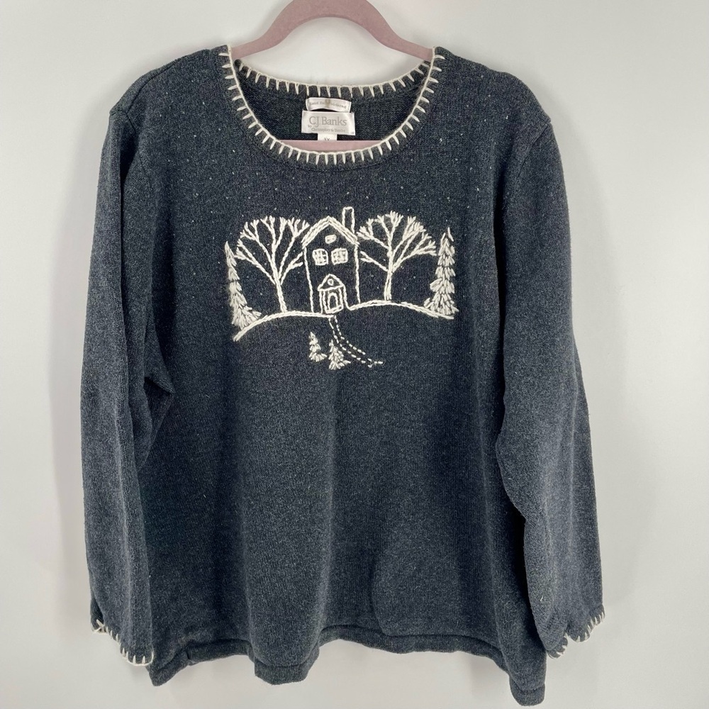 CJ Banks Y2K 2006 Winter Hand Embroidered Whipstitched Cotton Ramie Sweater